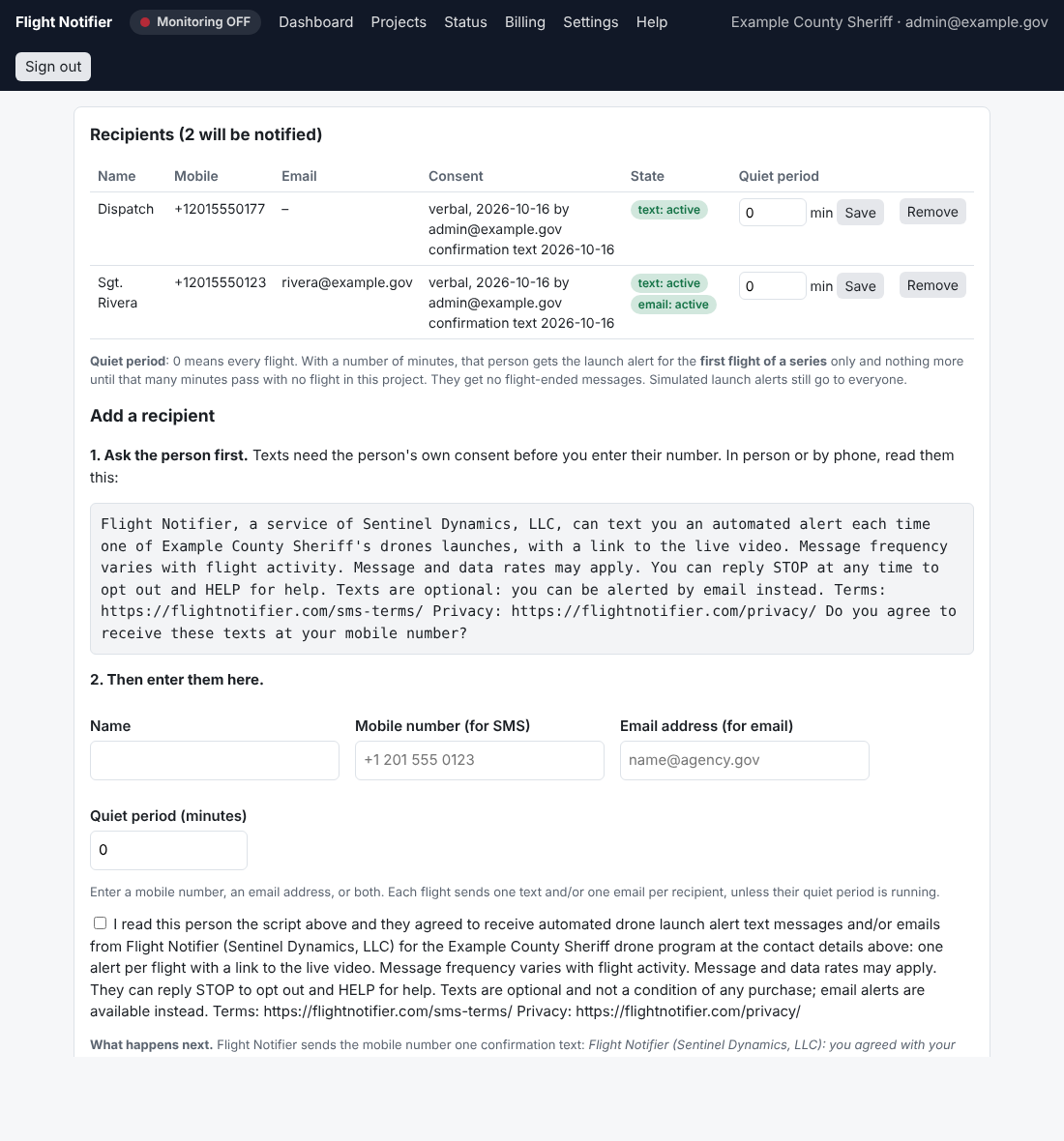 The Flight Notifier recipient form: the consent script to read to the person, the name / mobile / email fields, and the consent statement naming Flight Notifier (Sentinel Dynamics, LLC) as the sender